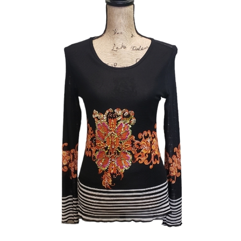 Vintage Sequin Beaded  Long-Sleeved Top